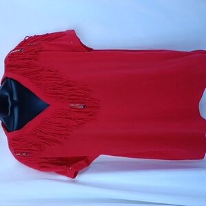 Vintage Joanie W. Western red fringe beaded tee, studded sleeve,  shoulder pads